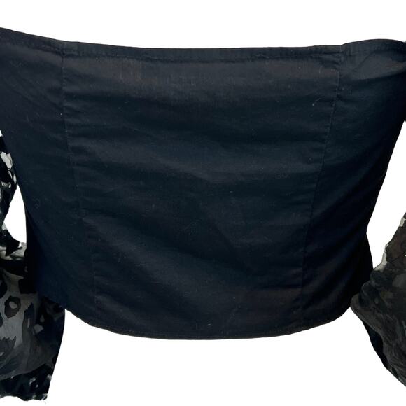 Women's Zara Contrasting Animal Print Organza Puff Sleeve Crop Top Black - Picture 12 of 13